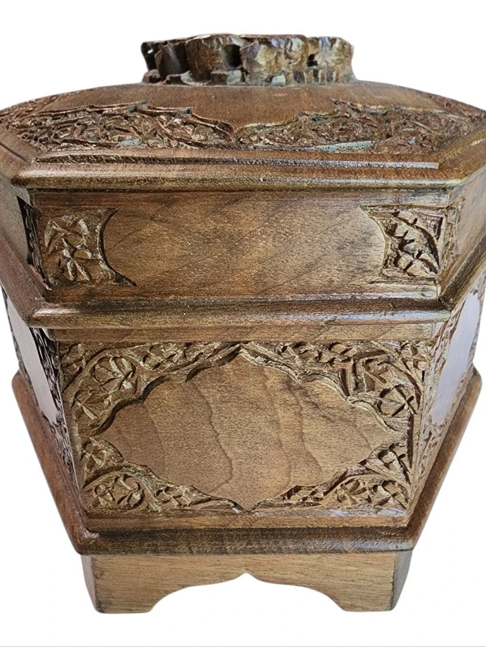 Vintage Mid Century Hand Carved Natural Wood Jewelry Box 2 Lined Layers
